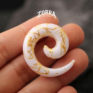 Light White Gold Spiral Ear Gauges, Acrylic Taper Expanders, Abstract Splatter Ear Plugs, Boho Body Jewelry, Single Piece Ear Hanger