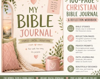 Christian Bible Journal for Women, 100 Page Prayer Journal PDF, Faith Workbook, Bible Study Workbook, Reflection Journal
