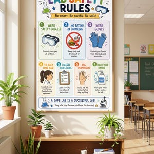 May include: A rectangular educational poster titled LAB SAFETY RULES featuring seven numbered icons and instructions for laboratory conduct. The design includes illustrations of safety goggles, a no food or drink sign, gloves, hair, a clipboard, a hand, and soap.