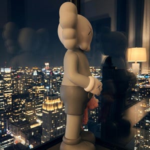 K&ouml;nnte beinhalten: Eine graue KAWS-Figur im Profil, mit einem abgerundeten Kopf mit X-f&ouml;rmigen Augen, gro&szlig;en cartoonartigen H&auml;nden mit wei&szlig;en Manschetten und einer dunkelgrauen Shorts. Die Figur hat eine glatte, matte Oberfl&auml;che vor einer Fensterscheibe.