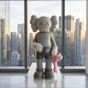 K&ouml;nnte beinhalten: Eine graue KAWS Companion-Figur mit totenkopfartigem Kopf, X-f&ouml;rmigen Augen und behandschuhten H&auml;nden. Die Figur tr&auml;gt eine dunkelgraue Shorts und h&auml;lt eine kleinere, passende rosa KAWS-Figur in ihrer linken Hand. Sie steht aufrecht.