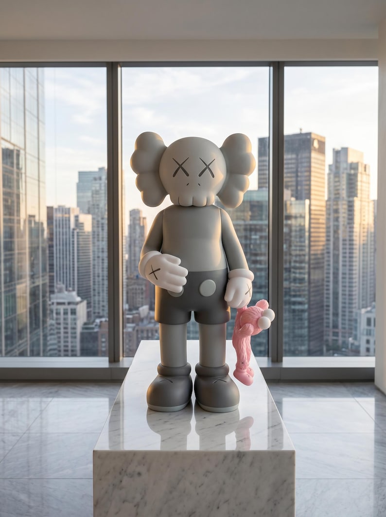 K&ouml;nnte beinhalten: Eine graue KAWS Companion-Figur mit totenkopfartigem Kopf, X-f&ouml;rmigen Augen und behandschuhten H&auml;nden. Die Figur tr&auml;gt eine dunkelgraue Shorts und h&auml;lt eine kleinere, passende rosa KAWS-Figur in ihrer linken Hand. Sie steht aufrecht.