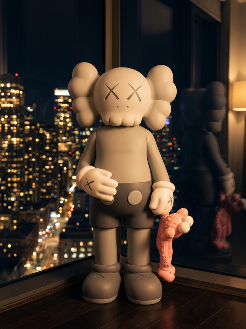 K&ouml;nnte beinhalten: Eine graue KAWS Companion Figur mit totenkopfartigem Kopf, X-f&ouml;rmigen Augen und behandschuhten H&auml;nden. Die Figur tr&auml;gt eine dunkelgraue Hose und h&auml;lt eine kleine, rosafarbene, pl&uuml;schartige Figur an der Hand mit glatten, matten Oberfl&auml;chen.