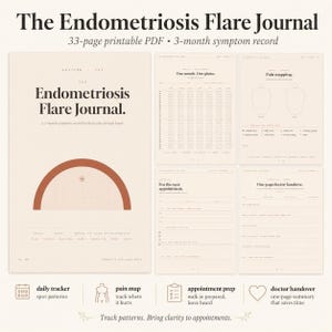 May include: A printable PDF journal titled "The Endometriosis Flare Journal" with a 3-month symptom record. The journal includes pages for daily tracking, pain mapping, appointment preparation, and a doctor handover summary. The cover features the title and a stylized design.