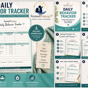 Könnte beinhalten: Ein teal-farbener und weißer "Daily Behavior Tracker"-Druck mit dem Text "Unterstützen Sie positives Verhalten, bauen Sie Selbstvertrauen auf, verfolgen Sie den Fortschritt". Enthält einen Tracker, einen Notizblock und einen goldenen Stift. Für Zuhause und Schule.