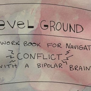 May include: A watercolor background with the words "Level Ground" and the subtitle "A workbook for navigating conflict with a bipolar brain" in black ink. The background has pink and purple hues.