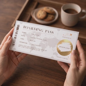 May include: A rectangular boarding pass with a white background and a world map graphic. It features the text BOARDING PASS, NAME: ROB SNOW, DATE: 4TH SEPTEMBER 2026, TIME: 08:00 AM, DEPARTURE: LUTON AIRPORT, and a gold scratch-off circle revealing BARCELONA.