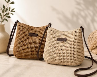 Borsa a tracolla in paglia intrecciata da donna, borsa a spalla da spiaggia con cerniera, borsetta estiva boho, beige o kaki