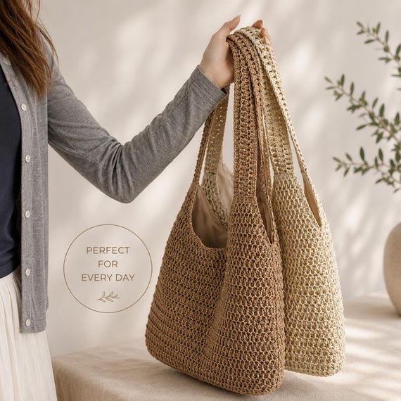 Large Straw Shoulder Bag, Woven Beach Tote, Women's Summer Handbag, Crochet Purse, Casual Hobo Bag, Boho Gift