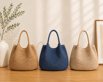Borsa tote in paglia, borsa a tracolla grande intrecciata, stile boho, borsa estiva da spiaggia