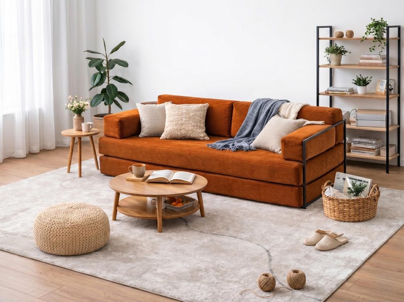 May include: A modern living room setup featuring an orange corduroy sofa with decorative pillows and a blue throw blanket. A round wooden coffee table, a woven ottoman, and a bookshelf complete the cozy space. A light gray rug covers the floor.