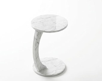 Modern White Marble C Shaped Side Table, Round Sofa End Table for Living Room, Demounted Curved Leg Table, Space Saving Laptop Stand, MDF