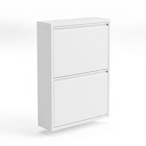 Può includere: Un mobile porta scarpe bianco a due ante. Il mobile ha una forma rettangolare con due scomparti orizzontali. Ogni scomparto ha un'anta piatta e liscia senza maniglia. Il mobile è realizzato in un materiale solido e opaco.