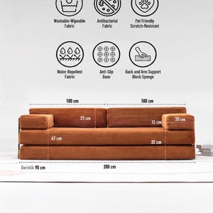 May include: A rust-colored modular sofa with dimensions displayed in centimeters. The sofa features a corduroy texture and is designed with features like washable, antibacterial, and water-repellent fabric. It is pet-friendly and scratch-resistant.