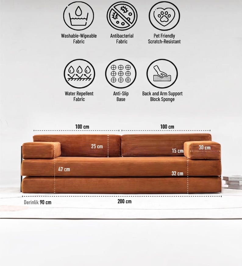 May include: A rust-colored modular sofa with dimensions displayed in centimeters. The sofa features a corduroy texture and is designed with features like washable, antibacterial, and water-repellent fabric. It is pet-friendly and scratch-resistant.