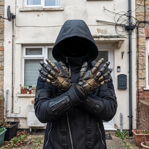 May include: A black hooded jacket featuring integrated forearm armor plates and articulated bronze-toned tactical gloves with segmented finger protection, worn with the arms crossed in front of the chest.