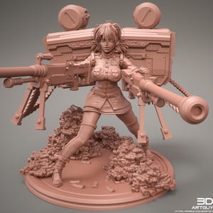 May include: A detailed 3D-printed figurine of a female character holding two large machine guns. The figure is wearing a military-style uniform and stands on a base with ammunition. The overall color is a muted reddish-brown.