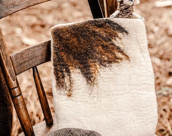 Handmade 100% Wool Carryall bag with leather handles.