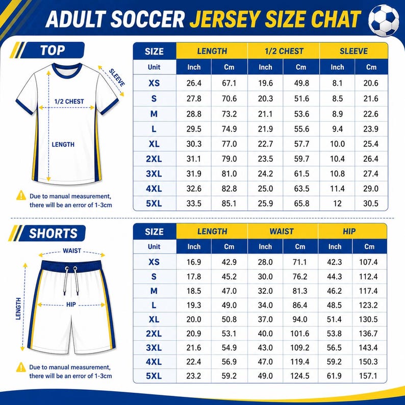 Puede incluir: Una tabla de tallas de camisetas de f&uacute;tbol para adultos con un diagrama de camiseta y pantalones cortos blancos con etiquetas de medida. La tabla muestra tallas de XS a 5XL en pulgadas y cent&iacute;metros para largo, pecho, manga, cintura y cadera.