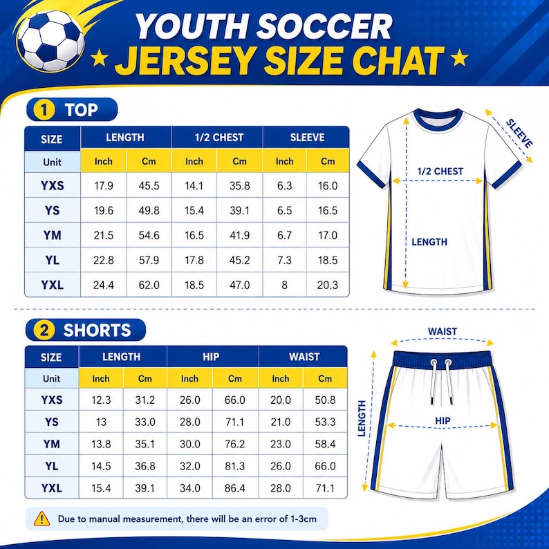 Puede incluir: Una tabla de tallas de camisetas de f&uacute;tbol juvenil con una camiseta y pantalones cortos blancos con ribetes azules y amarillos. El gr&aacute;fico incluye tablas de medidas en pulgadas y cent&iacute;metros, tallas de YXS a YXL y una nota aclaratoria.