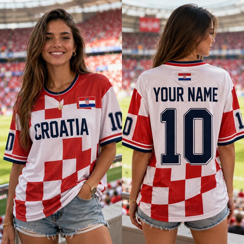 May include: A white and red checkered sports jersey featuring the text CROATIA on the front and the text YOUR NAME with the number 10 on the back. The jersey includes a small Croatian flag emblem on the chest and upper back area.