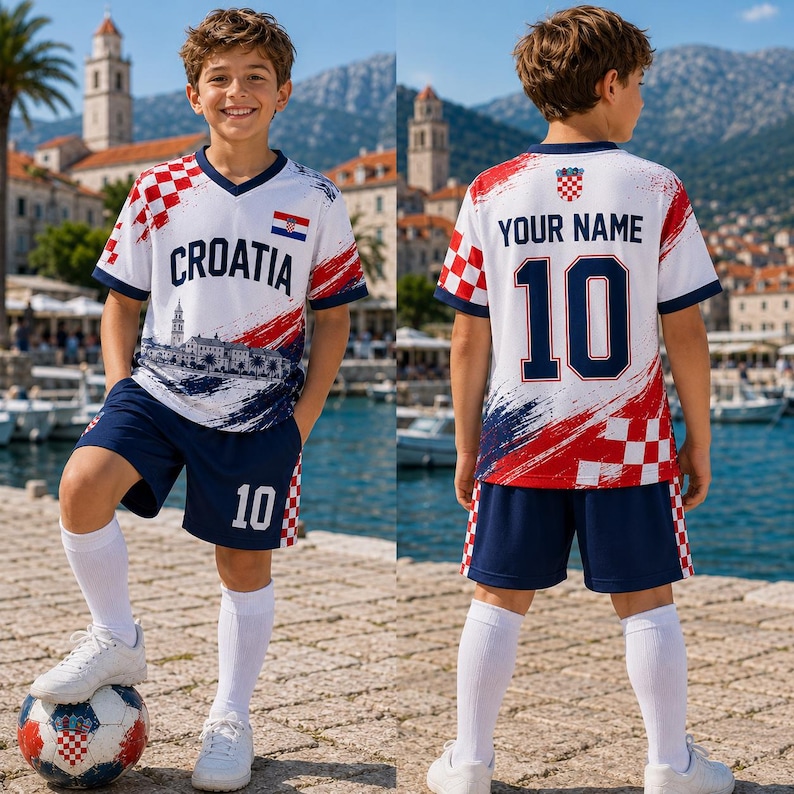 Puede incluir: Un conjunto de f&uacute;tbol blanco y azul marino que incluye una camiseta con cuello en V, el texto CROATIA, una peque&ntilde;a bandera croata y un gr&aacute;fico urbano. La parte trasera muestra el texto YOUR NAME y el n&uacute;mero 10. El pantal&oacute;n azul marino lleva el 10.