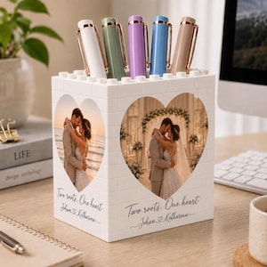 Portalápices personalizado con forma de ladrillo para pareja, portalápices personalizado con foto de boda, regalo de aniversario, bloque de construcción para esposo