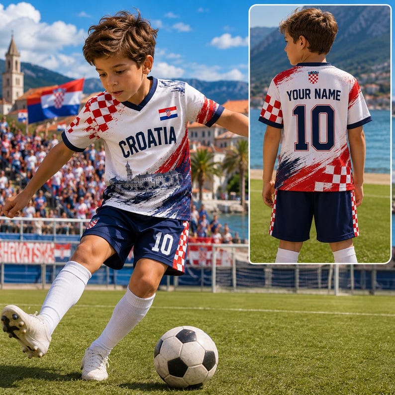 Puede incluir: Un conjunto de f&uacute;tbol blanco y azul marino que incluye camiseta y pantal&oacute;n corto, con un patr&oacute;n de cuadros rojos y blancos, el texto CROATIA y un gr&aacute;fico de una ciudad costera. La parte trasera de la camiseta muestra YOUR NAME y el n&uacute;mero 10.