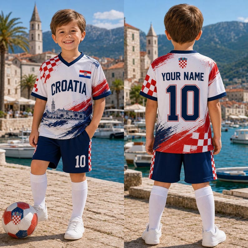 Puede incluir: Un conjunto de f&uacute;tbol blanco y azul marino que incluye camiseta y pantal&oacute;n corto, con el texto CROATIA, un patr&oacute;n de cuadros rojos y blancos y un gr&aacute;fico de una ciudad costera. La espalda de la camiseta muestra YOUR NAME y el n&uacute;mero 10 en azul.