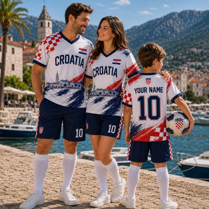 Puede incluir: Tres personas con camisetas de f&uacute;tbol de Croacia a juego en blanco y azul marino con patrones de cuadros rojos y blancos, el texto Croatia y pantalones cortos azul marino con el n&uacute;mero 10. Las camisetas muestran un gr&aacute;fico de ciudad costera.