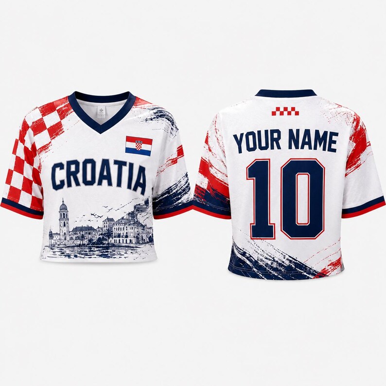 May include: A white V-neck crop top jersey featuring a red and white checkered pattern on the sleeves, the word CROATIA, a small Croatian flag, and a coastal city illustration. The back displays the text YOUR NAME and the number 10 in navy blue.