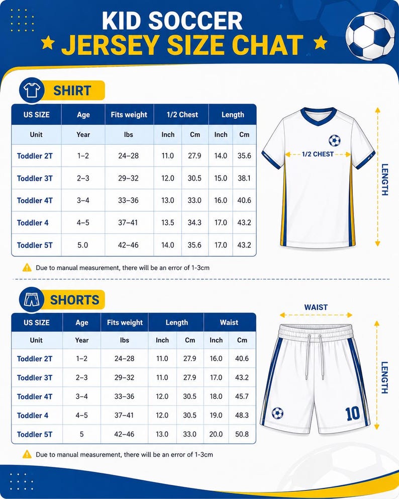 Puede incluir: Una tabla de tallas de camisetas de f&uacute;tbol para ni&ntilde;os que muestra una camiseta blanca con ribetes azules y pantalones cortos blancos con rayas laterales azules. El gr&aacute;fico incluye dos tablas que detallan la talla, edad y medidas en cm para las prendas.