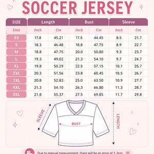 May include: A pink and white size chart for a crop top soccer jersey. The chart lists measurements in inches and centimeters for sizes XS through 5XL, including length, bust, and sleeve dimensions. A diagram shows where to measure the garment.