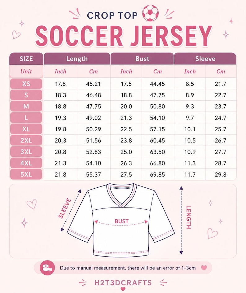 May include: A pink and white size chart for a crop top soccer jersey. The chart lists measurements in inches and centimeters for sizes XS through 5XL, including length, bust, and sleeve dimensions. A diagram shows where to measure the garment.