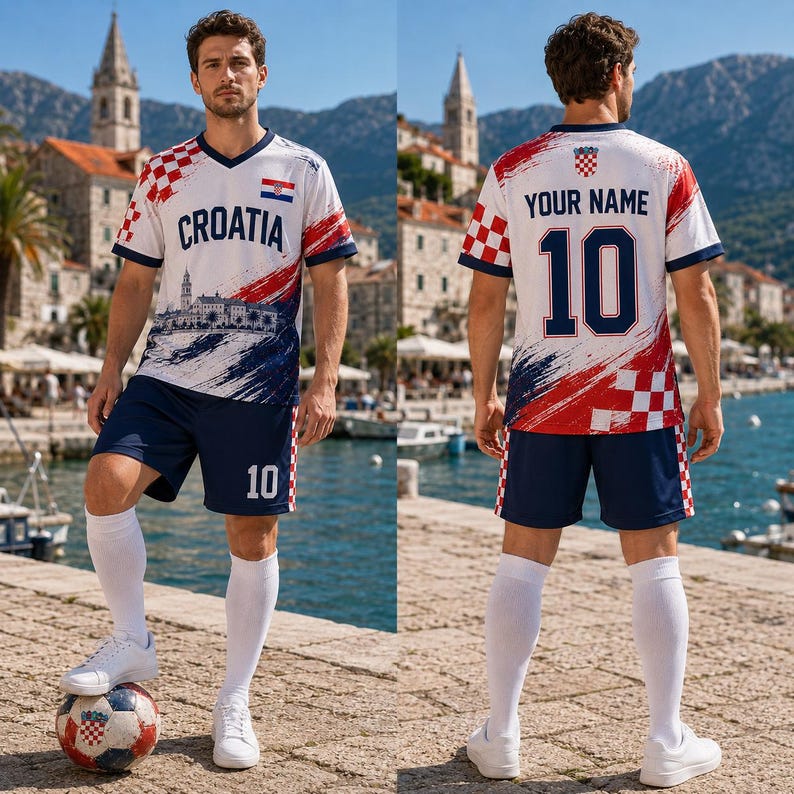 Puede incluir: Un conjunto de f&uacute;tbol blanco, rojo y azul que incluye una camiseta con cuello en V con el texto CROATIA, un gr&aacute;fico de una ciudad costera y una peque&ntilde;a bandera croata. El pantal&oacute;n corto a juego lleva el n&uacute;mero 10, con calcetines blancos y bal&oacute;n.