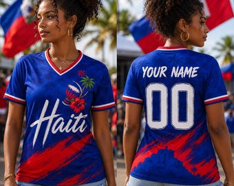 Camiseta de fútbol de Haití personalizada, camiseta de fútbol con nombre y número personalizados, artículos para aficionados con orgullo haitiano, regalo azul para el día del partido.