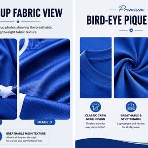 Puede incluir: Una tela de piqu&eacute; ojo de perdiz azul con superficie texturizada, mostrada en varias vistas de primer plano. Las im&aacute;genes muestran un dise&ntilde;o de cuello redondo, costuras planas y una estructura de malla transpirable. Incluye texto CLOSE-UP FABRIC VIEW y PREMIUM BIRD-EYE PIQUE FABRIC.