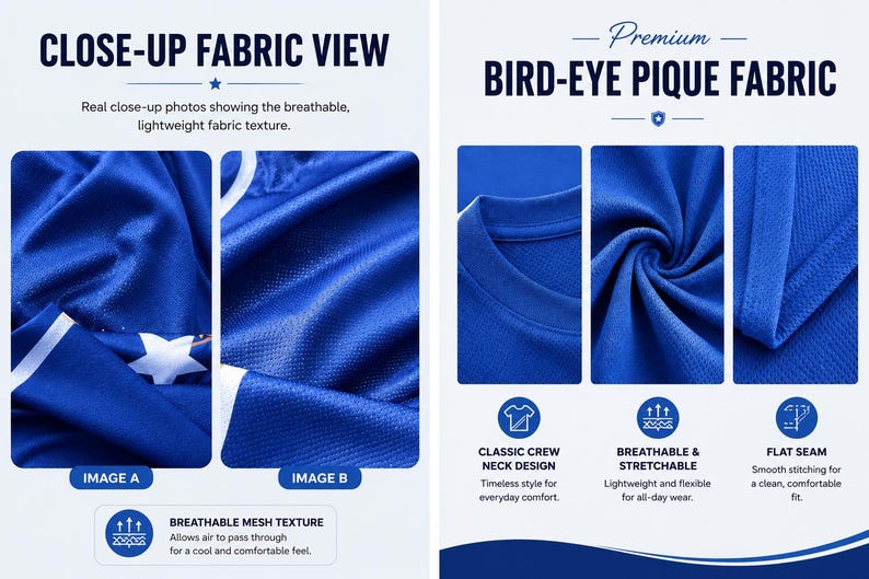 Puede incluir: Una tela de piqu&eacute; ojo de perdiz azul con superficie texturizada, mostrada en varias vistas de primer plano. Las im&aacute;genes muestran un dise&ntilde;o de cuello redondo, costuras planas y una estructura de malla transpirable. Incluye texto CLOSE-UP FABRIC VIEW y PREMIUM BIRD-EYE PIQUE FABRIC.
