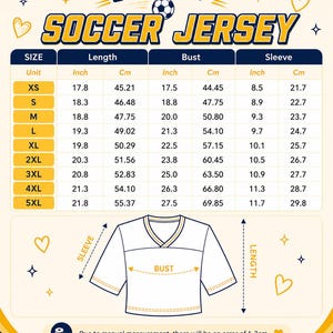May include: A size chart for a crop top soccer jersey featuring a table with measurements in inches and centimeters for sizes XS through 5XL. The graphic includes a line drawing of a jersey with labeled sleeve, bust, and length dimensions.