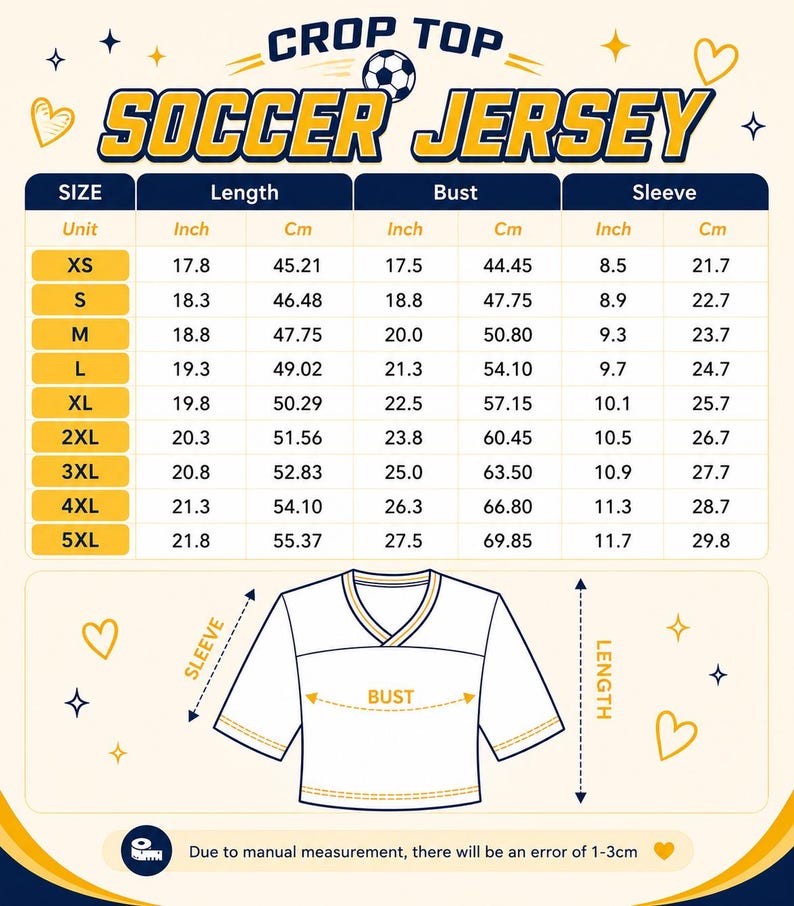 May include: A size chart for a crop top soccer jersey featuring a table with measurements in inches and centimeters for sizes XS through 5XL. The graphic includes a line drawing of a jersey with labeled sleeve, bust, and length dimensions.