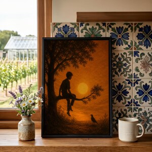 Pode incluir: Uma impressão de arte retangular emoldurada com a silhueta de uma pessoa sentada num ramo de árvore contra um grande sol laranja brilhante. Um pequeno pássaro está no chão, tudo dentro de uma moldura escura sobre uma superfície.