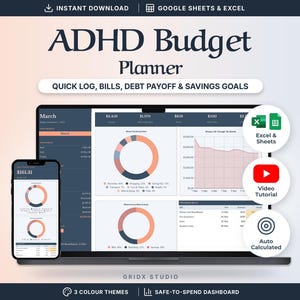 ADHD Budget Spreadsheet | Google Sheets & Excel Planner, Safe-to-Spend Tracker, Bills, Debt Payoff image 1