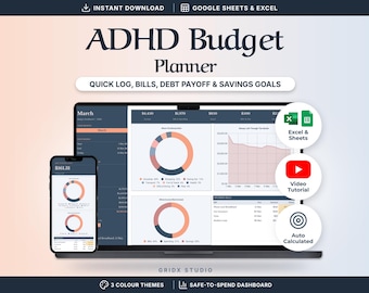 ADHD Budget Spreadsheet | Google Sheets & Excel Planner, Safe-to-Spend Tracker, Bills, Debt Payoff