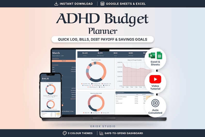 ADHD Budget Spreadsheet | Google Sheets & Excel Planner, Safe-to-Spend Tracker, Bills, Debt Payoff image 1