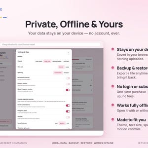 May include: A digital interface for The GridX Studio showing a settings menu with options for display, theme, text size, and spacing. The text reads Private, Offline & Yours, Stays on your device, Backup & restore, No login or subscription, Works fully offline, and Made to fit you.