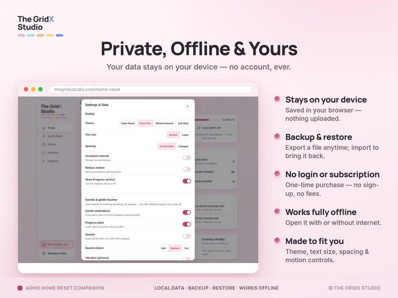 May include: A digital interface for The GridX Studio showing a settings menu with options for display, theme, text size, and spacing. The text reads Private, Offline & Yours, Stays on your device, Backup & restore, No login or subscription, Works fully offline, and Made to fit you.