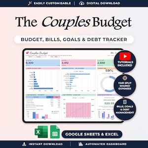 May include: A digital budget tracker titled The Couples Budget, featuring a dashboard with charts, graphs, and tables for tracking bills, goals, and debt. The interface includes sections for income, expenses, and savings, with icons for tutorials, shared expenses, and debt management.
