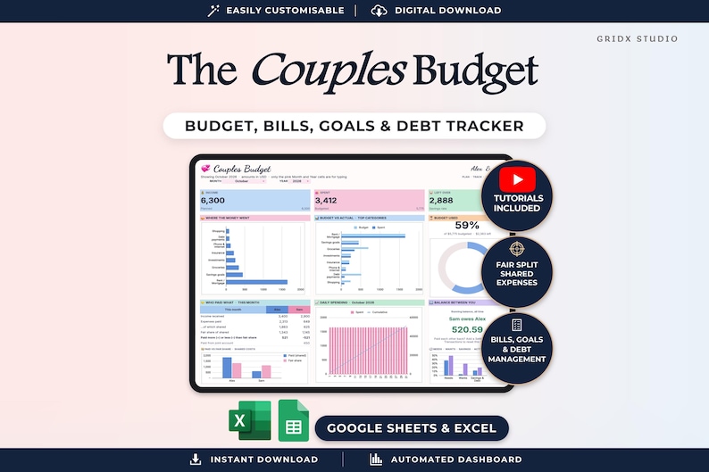 May include: A digital budget tracker titled The Couples Budget, featuring a dashboard with charts, graphs, and tables for tracking bills, goals, and debt. The interface includes sections for income, expenses, and savings, with icons for tutorials, shared expenses, and debt management.