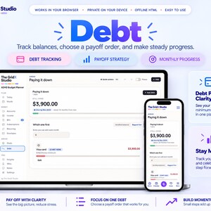 May include: A digital interface for The GridX Studio debt tracker displayed on a laptop and smartphone. The screen shows financial data, debt payoff strategies, and progress tracking with text including Debt, Paying it down, and $3,900.00.
