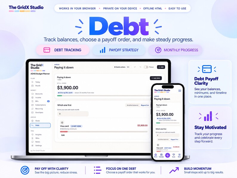 May include: A digital interface for The GridX Studio debt tracker displayed on a laptop and smartphone. The screen shows financial data, debt payoff strategies, and progress tracking with text including Debt, Paying it down, and $3,900.00.